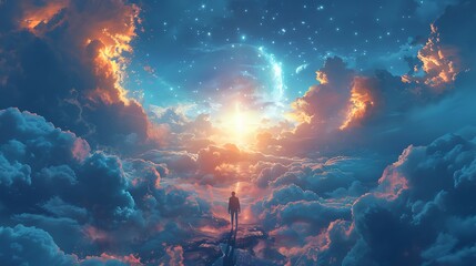 people walk towards heaven through a sea of clouds with divine light