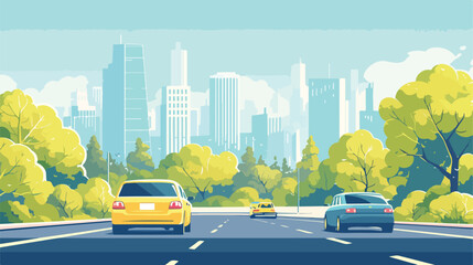 Car on the road with forest and cityscape backgroun