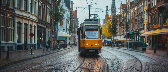 Old-fashioned tram in picturesque European city, surrounded by historic architecture and bustling streets.