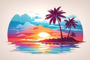 Fototapeta na wymiar Hawaiian Sunset With Palm Tree vector Illustration, Sunset Wallpaper, Hawaiian Sunset T-Shirt Design, Summer T-Shirt Design, Beautiful Sunset Sublimation, AI Generative