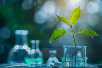 A green plant sapling carefully supported by laboratory glassware, depicting the nurturing role of science in plant growth.