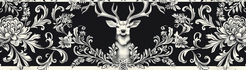 Elegant stylized deer are surrounded by intricate floral patterns in a classic black and white design.