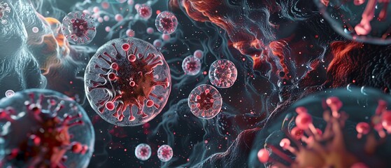 Microscopic depiction of spherical viruses infecting cellular structures, representing viral infection and medical research. - obrazy, fototapety, plakaty