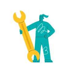Woman is holding a huge wrench. Technical support concept. Colorful vector illustration