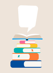 Stack of books and open book with speech bubble. Colorful vector illustration