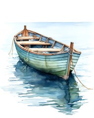 Naklejka na ściany i meble Boat Small boat floating on a tranquil, dark green river watercolor clipart