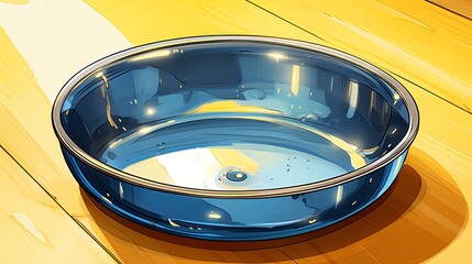 Bowl  Shiny blue dog bowl with light yellow background watercolor, vibrant colors, handdrawn, detailed close view