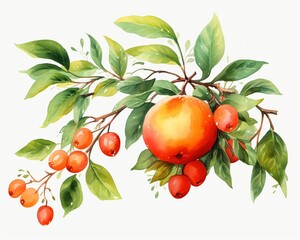 Fruit  Ripe fruit hanging amidst deep green foliage  watercolor clipart
