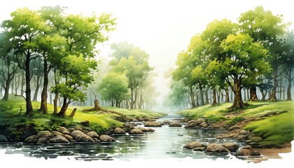 Moss  Lush moss along the riverbank under a canopy of trees  watercolor clipart