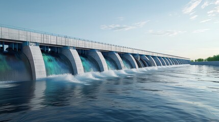 A large body of water with a bridge over it and a waterfall