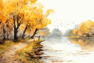 Path  Path beside the river lined with golden foliage  watercolor clipart