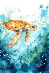 Swim  Aquatic animal diving into deep blue waters  watercolor clipart - obrazy, fototapety, plakaty