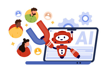 Social media marketing automation, AI tools to engage customers. Robot from laptop screen holding magnet to pull audience, attract traffic of visitors and clients cartoon vector illustration - obrazy, fototapety, plakaty