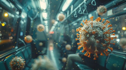 A 3D rendering of a virus particle on a subway train. - obrazy, fototapety, plakaty