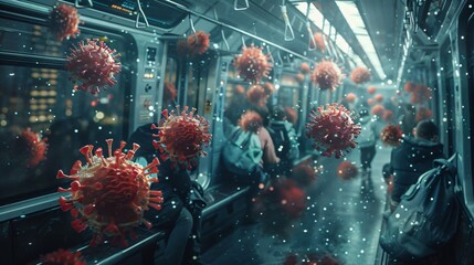 A crowded train with people wearing masks and a lot of virus particles in the air