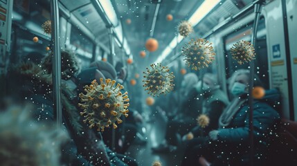 A crowded subway car with people wearing masks and a virus floating in the air