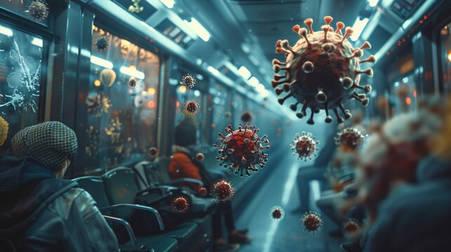 A subway car full of people with virus particles floating around