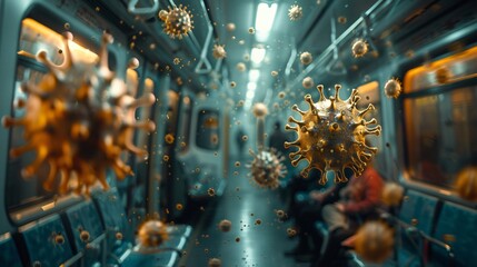 A subway train full of people with a large coronavirus floating in the foreground.