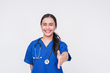 Friendly young Asian female nurse with a welcoming handshake, isolated on white