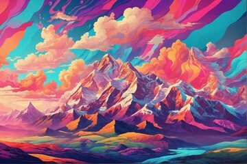 Psychedelic style vibrant mountains illustration, Psychedelic mountains Wallpaper, Abstract mountains Landscape, Fantasy Mountains Illustration, Mountains Background, AI Generative