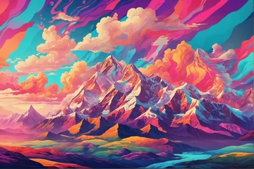 Store enrouleur occultant sans perçage Tailler Psychedelic style vibrant mountains illustration, Psychedelic mountains Wallpaper, Abstract mountains Landscape, Fantasy Mountains Illustration, Mountains Background, AI Generative