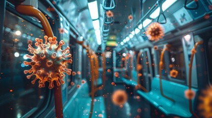 virus particles on the handrails of a public transportation vehicle - obrazy, fototapety, plakaty