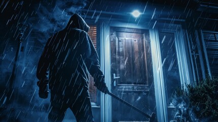 A masked figure using a crowbar to break into a house during a stormy night