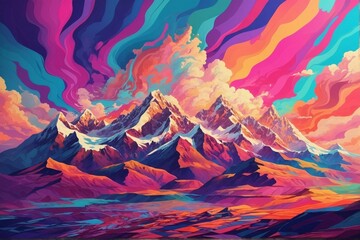 Psychedelic style vibrant mountains illustration, Psychedelic mountains Wallpaper, Abstract mountains Landscape, Fantasy Mountains Illustration, Mountains Background, AI Generative