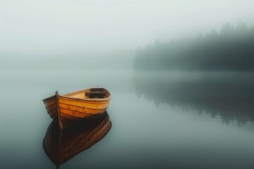 Serene lake with wooden rowboat in misty morning