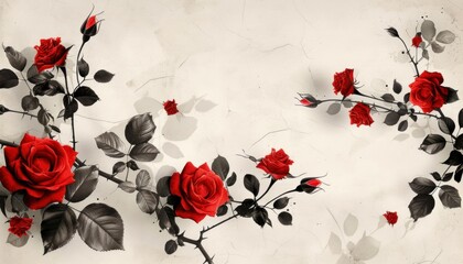 Artistic display of vibrant red roses with dark leaves on a textured, cream-colored backdrop