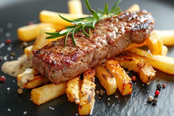 Elegant dark plate with high-quality image of steak and french fries garnished with rosemary