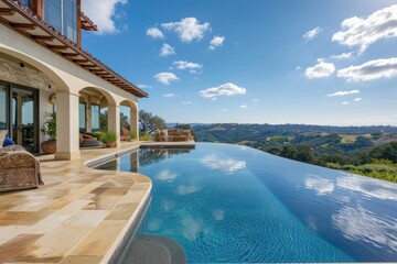 Stunning infinity pool at a villa overlooking lush hills and clear blue skies