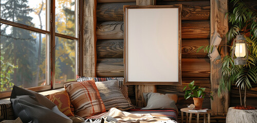 Obraz na płótnie Canvas Close-up of poster frame mockup in cozy rustic room setting, 3D render.