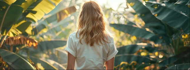 A woman with long blonde hair stands in the middle of banana trees, wearing a white t-shirt and jeans with her back to the camera. An elegant shirt that falls perfectly over her shoulders.  - Powered by Adobe
