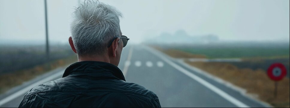 A middleaged man with silver hair and glasses stands on the side of an empty road, his back to us, looking at it in profile. In front is an endless landscape. The wind blows through his gray hairs. 