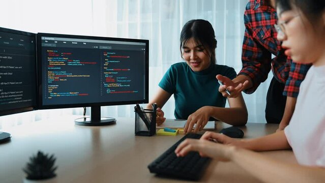 Back end software developer engineer for computer programming working together on debugging writing computing code, solving complex algorithms display on monitor in office. Burgeoning