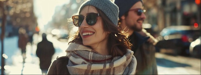 A happy woman wearing sunglasses and a scarf walks down the street with her boyfriend during winter. The city background and sunny day are shown in closeup - Powered by Adobe