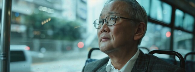 A Chinese man in his fifties, wearing glasses and dressed in black with long hair, sat on the bus looking out of the window at the winter scenery outside the glass, film footage, movie stills, closeup