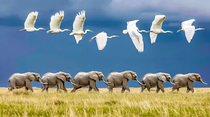 A herd of elephants, a group of white birds flying above them