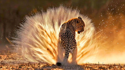 Cheetah Kicking Up Dust in the Wild - obrazy, fototapety, plakaty