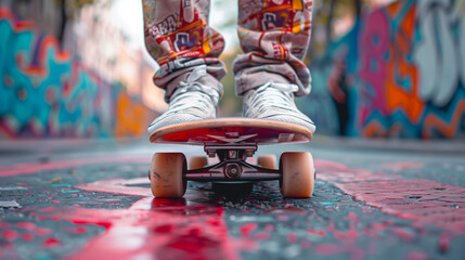 A person wearing white shoes is riding a skateboard on a red floor with graffiti on the walls.