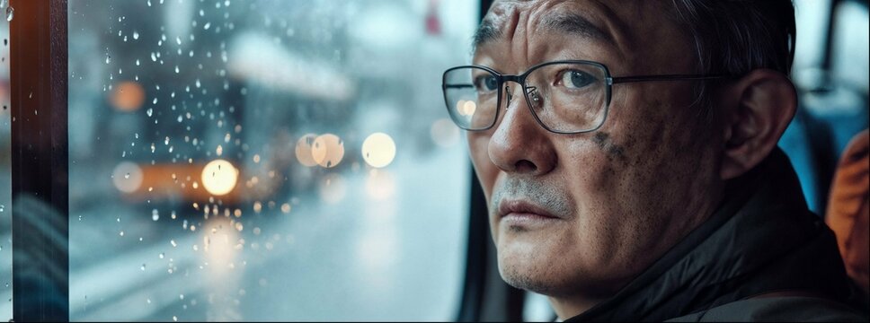 A middle-aged Asian man wearing glasses is sitting on the bus, looking out of his window at an empty street in winter with raindrops falling outside. The camera focuses on him and captures close-up