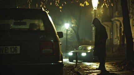 A masked thief stealthily approaching a car parked on a deserted street under a streetlamp