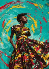 Fototapeta premium A fashionable half-body portrait of an East African woman in an Ankara print dress, vibrant colors swirling around her, set against a bright turquoise background
