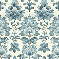 seamless pattern, vintage wallpaper pastel in shades, light blue color, white background, lots of white space, classic monograms , floral pattern