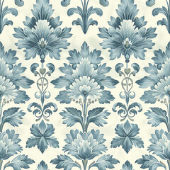 Obraz premium seamless pattern, vintage wallpaper pastel in shades, light blue color, white background, lots of white space, classic monograms , floral pattern
