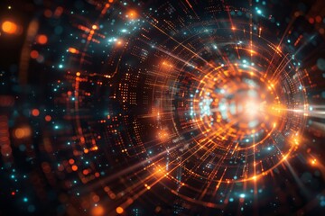 A digital tunnel of orange and blue lights.