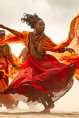 The African dancers are captured in motion, their fluid movements depicted vividly