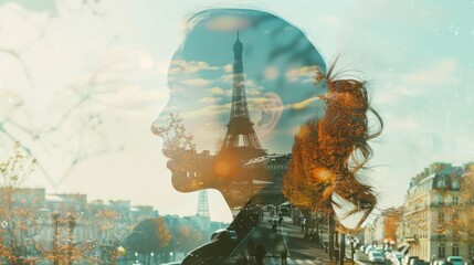 Double exposure photograph of a woman travelling the world
