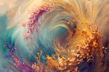 A wave painting among blooming flowers in natural landscape